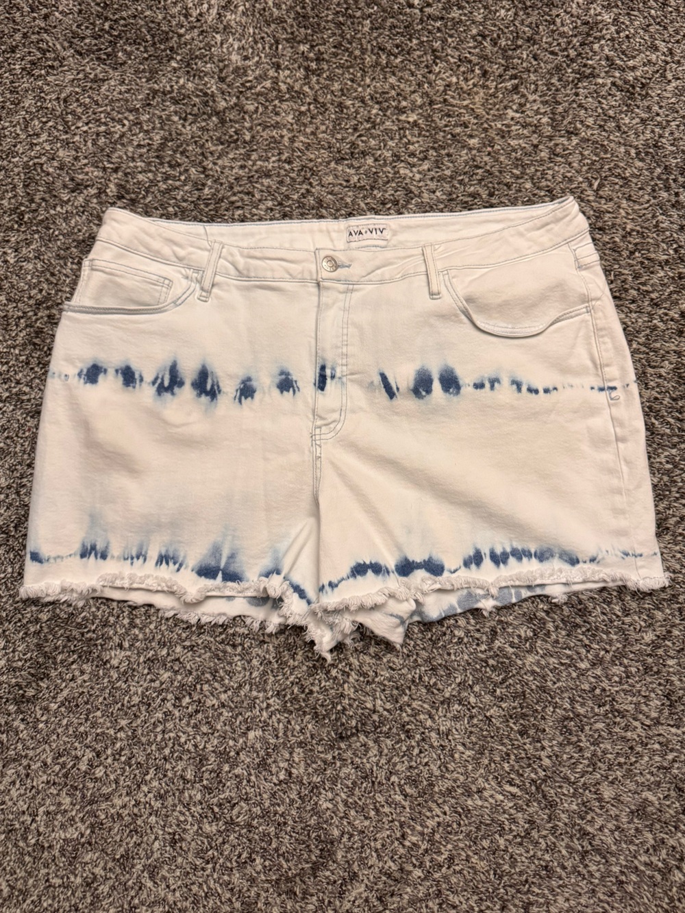 Ava & Viv White Denim Shorts with Blue Tie-Dye Trim